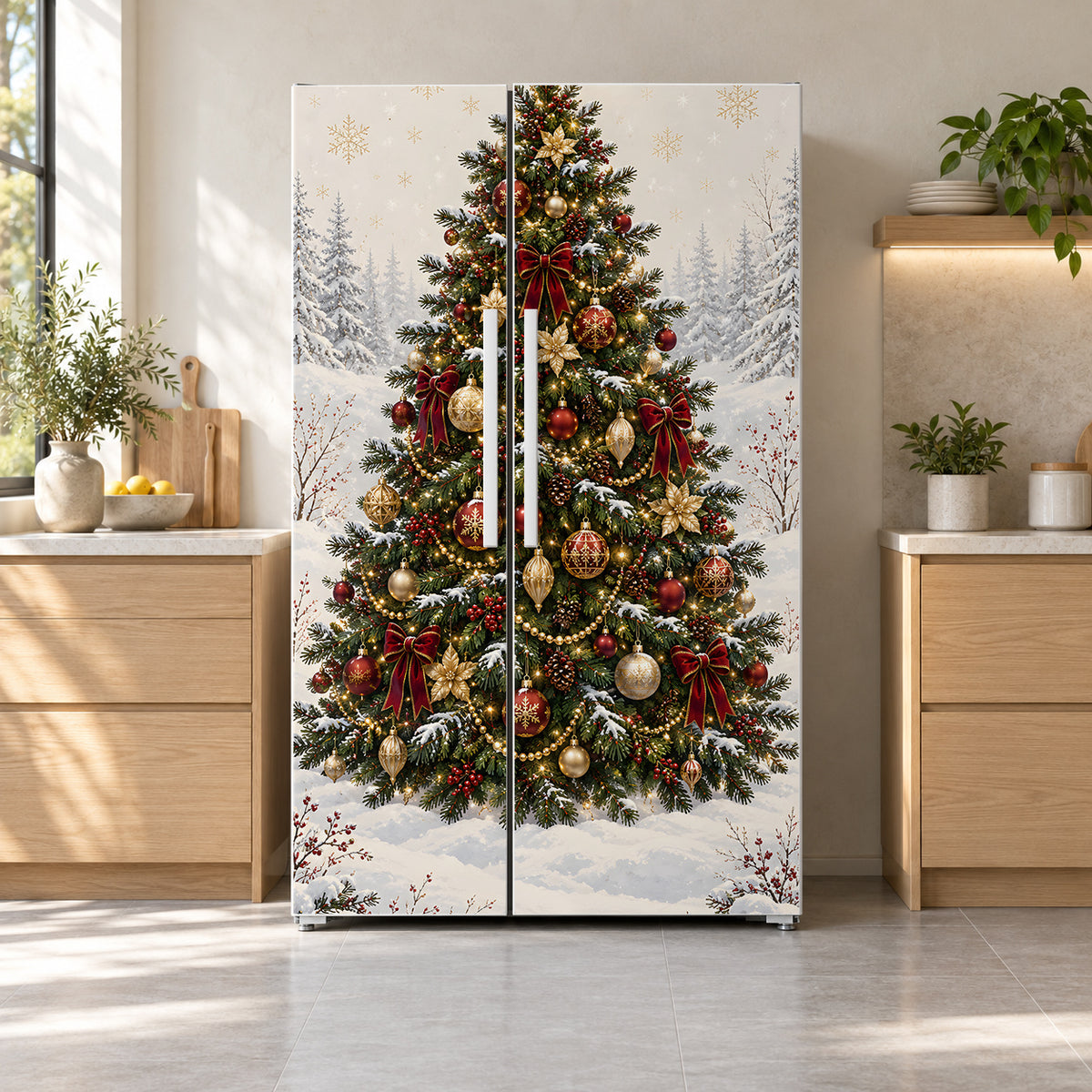 Christmas Tree fridge wrap on a side-by-side refrigerator
