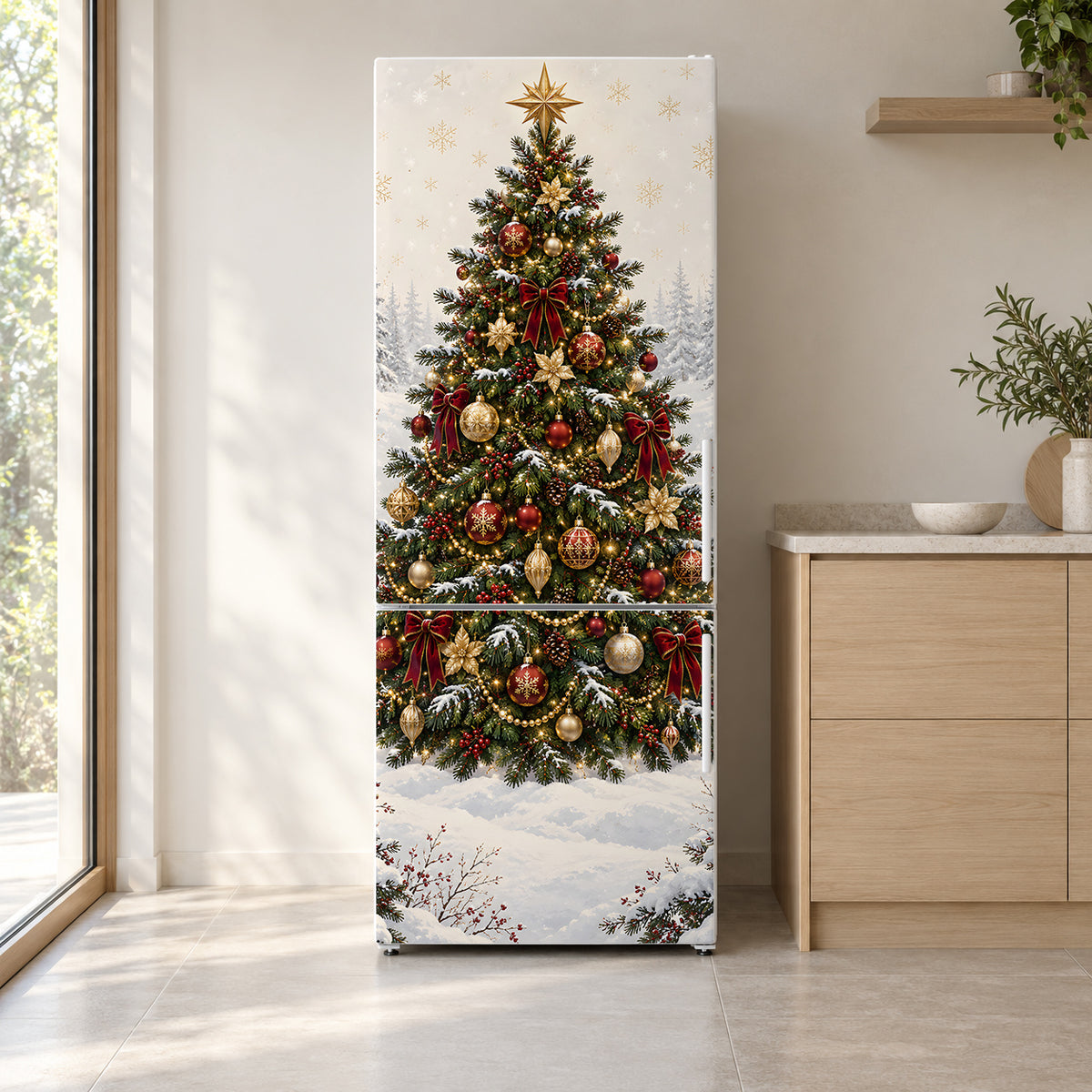 Christmas Tree fridge wrap on a white refrigerator in a bright kitchen