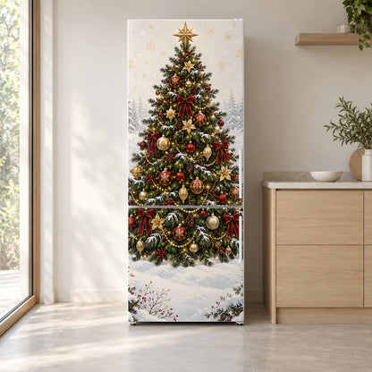 Christmas Tree fridge wrap on a white refrigerator in a bright kitchen