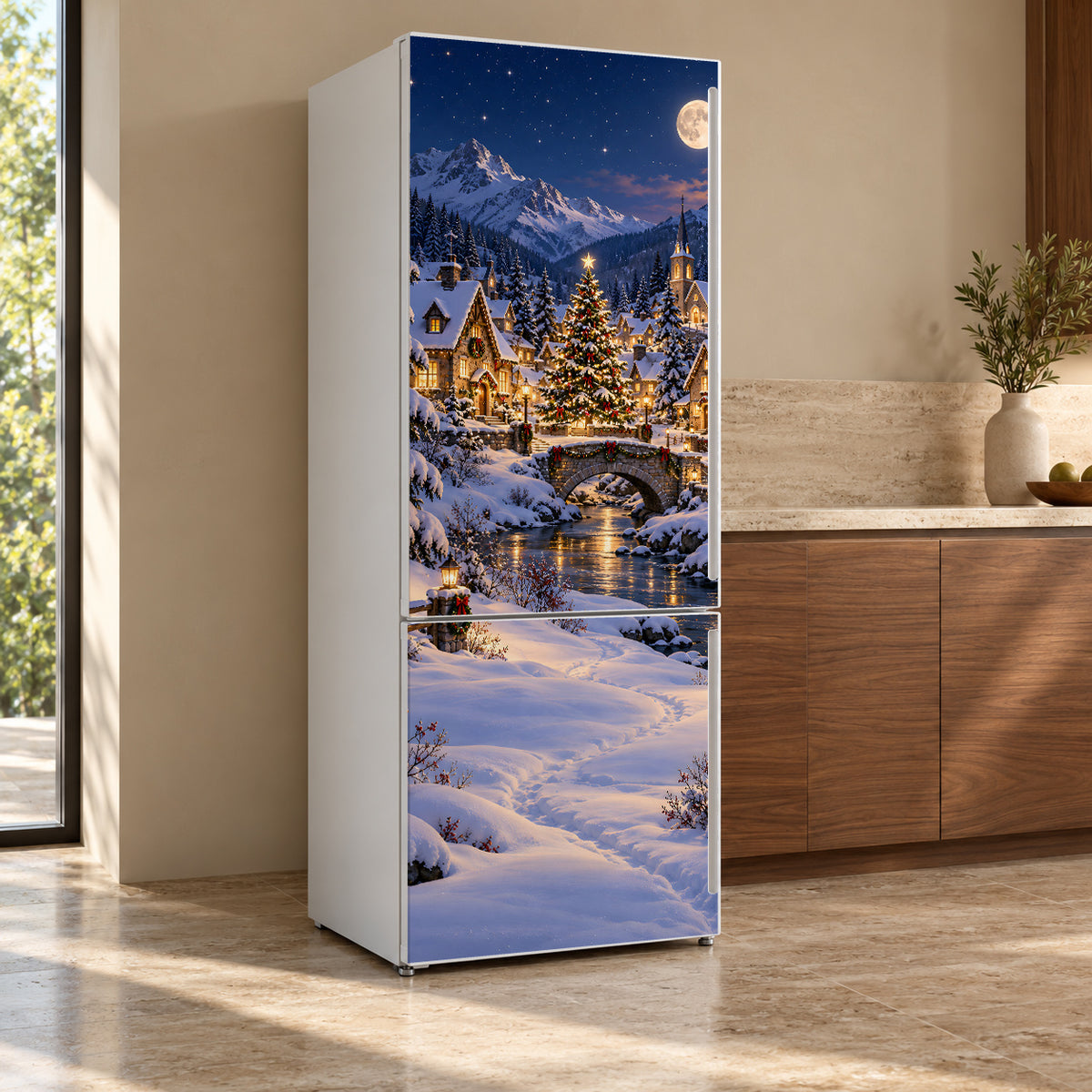 Christmas Winter Village fridge wrap, refrigerator shown at an angle