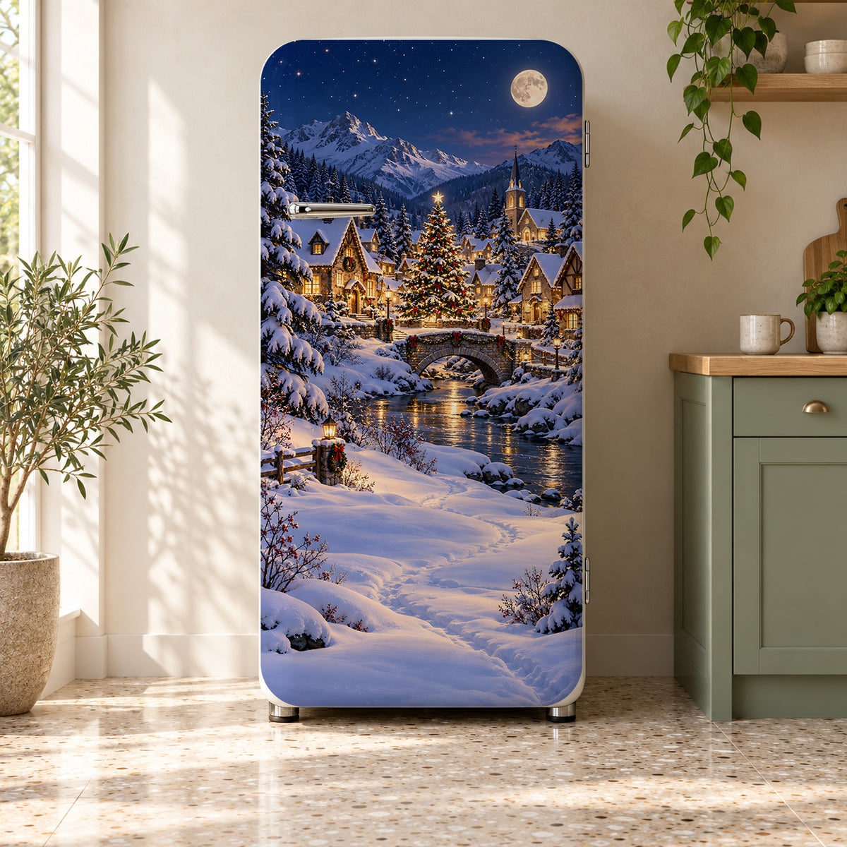 Christmas Winter Village fridge wrap on a retro refrigerator