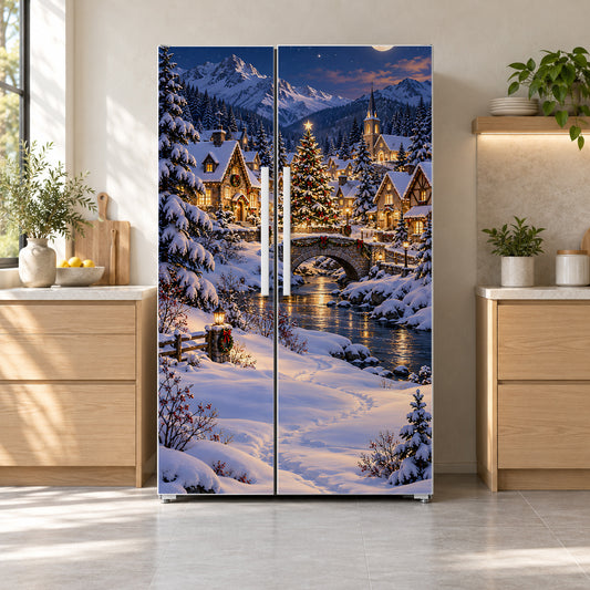 Christmas Winter Village fridge wrap on a side-by-side refrigerator