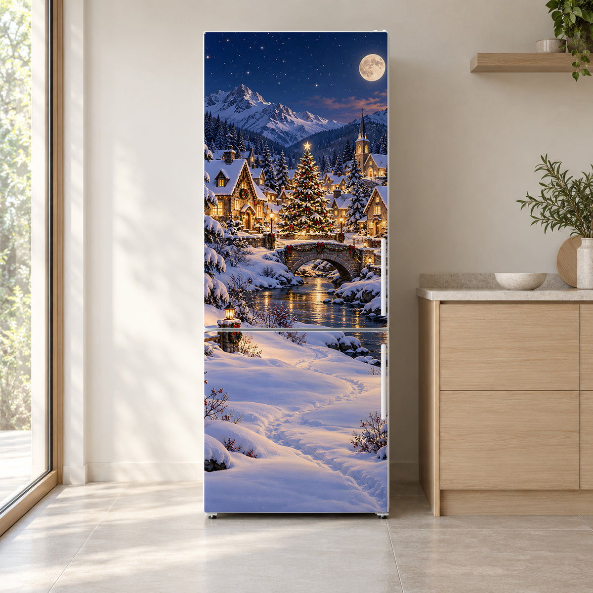 Christmas Winter Village fridge wrap on a white refrigerator in a bright kitchen