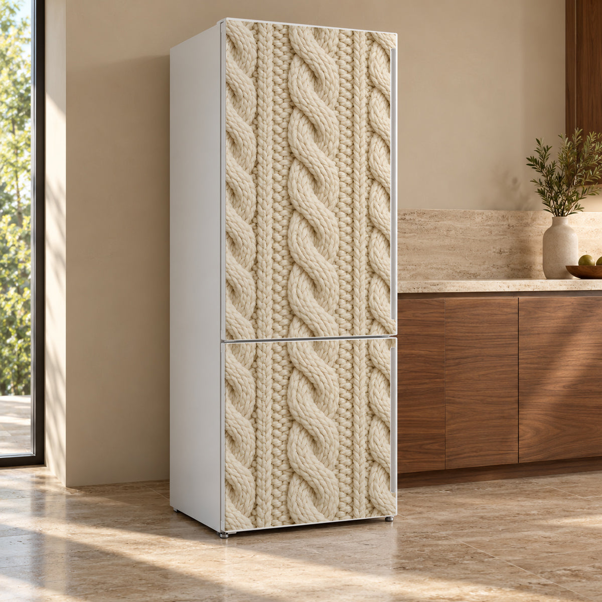 Chunky Cable Knit fridge wrap, refrigerator shown at an angle
