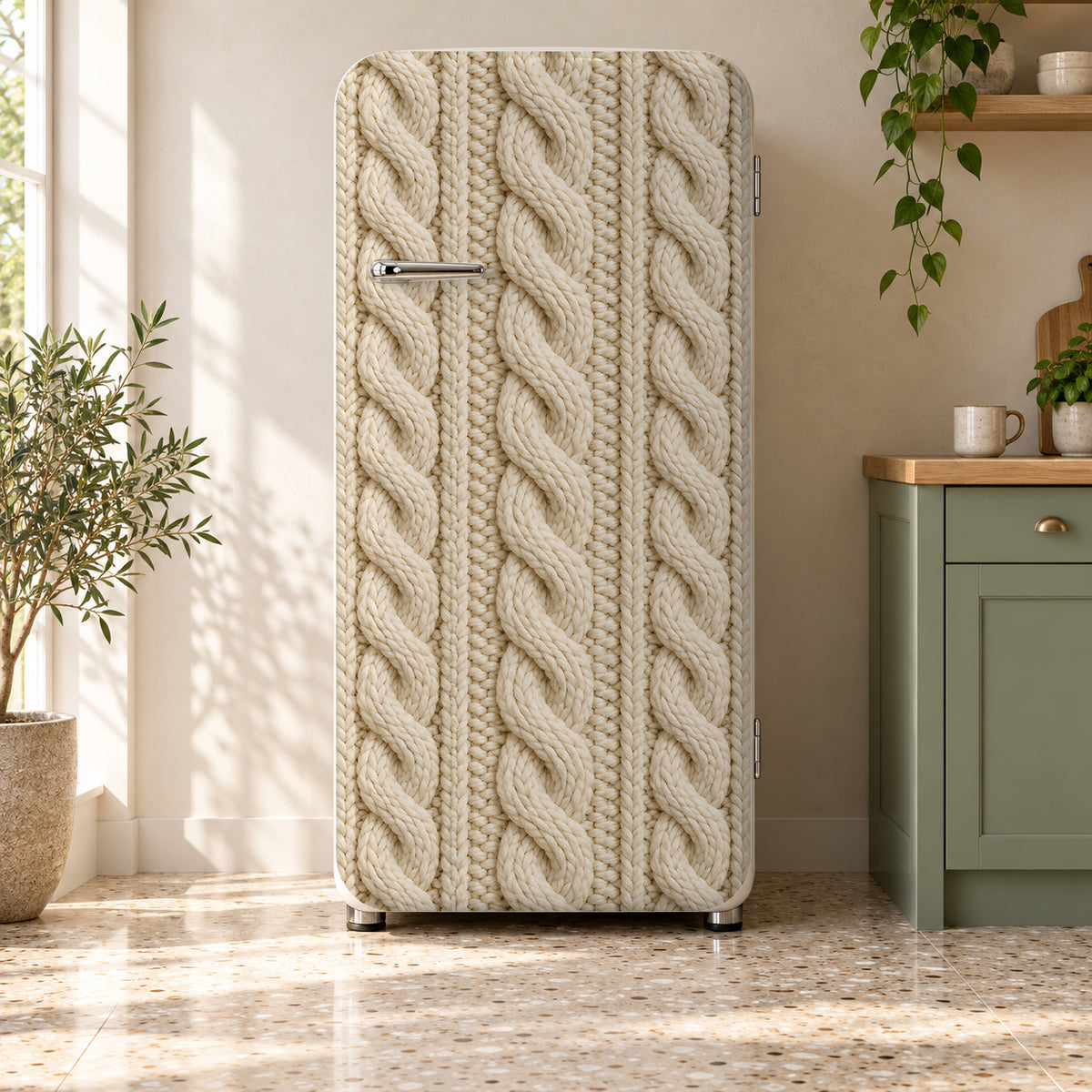 Chunky Cable Knit fridge wrap on a retro refrigerator