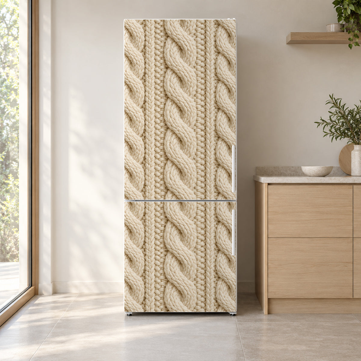 Chunky Cable Knit fridge wrap on a white refrigerator in a bright kitchen