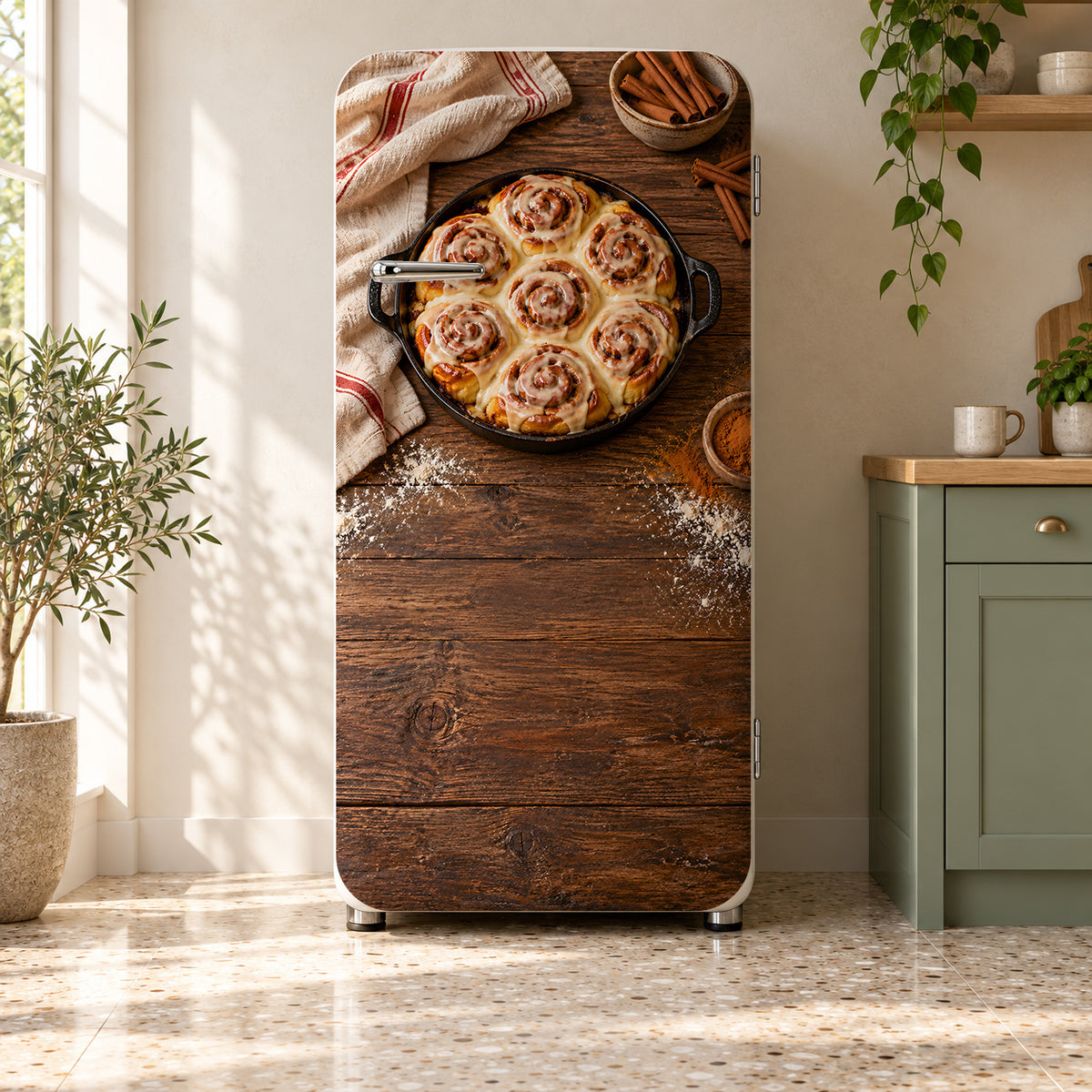Cinnamon Rolls fridge wrap on a retro refrigerator