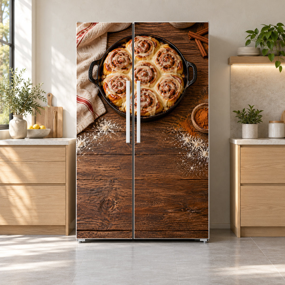 Cinnamon Rolls fridge wrap on a side-by-side refrigerator