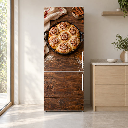 Cinnamon Rolls fridge wrap on a white refrigerator in a bright kitchen