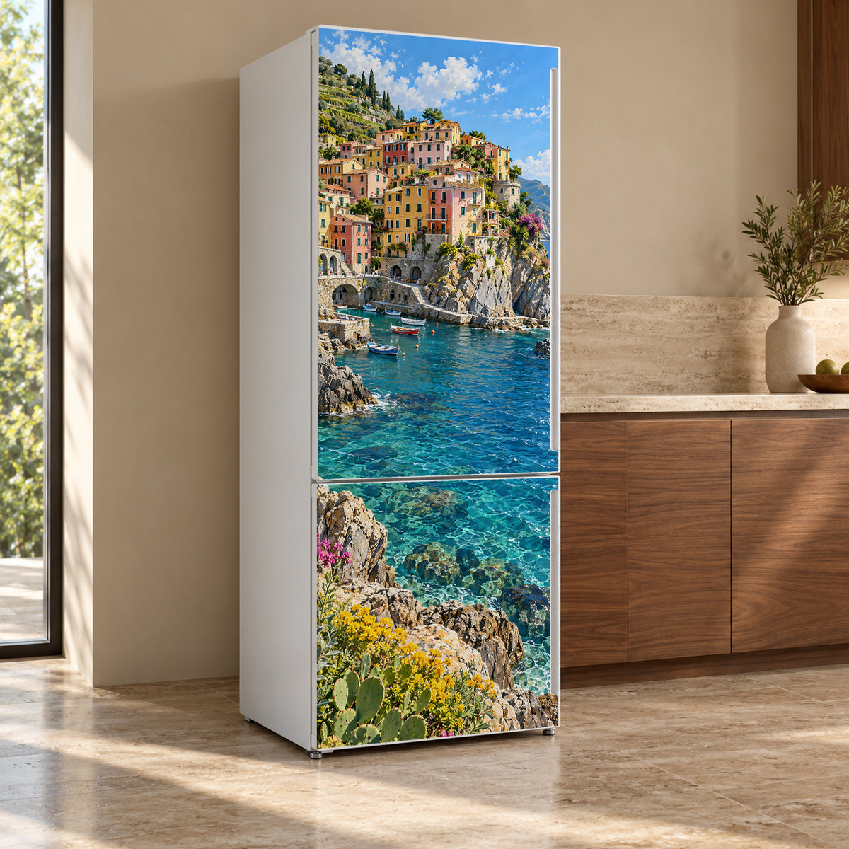 Cinque Terre Coast fridge wrap, refrigerator shown at an angle