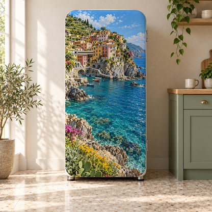 Cinque Terre Coast fridge wrap on a retro refrigerator
