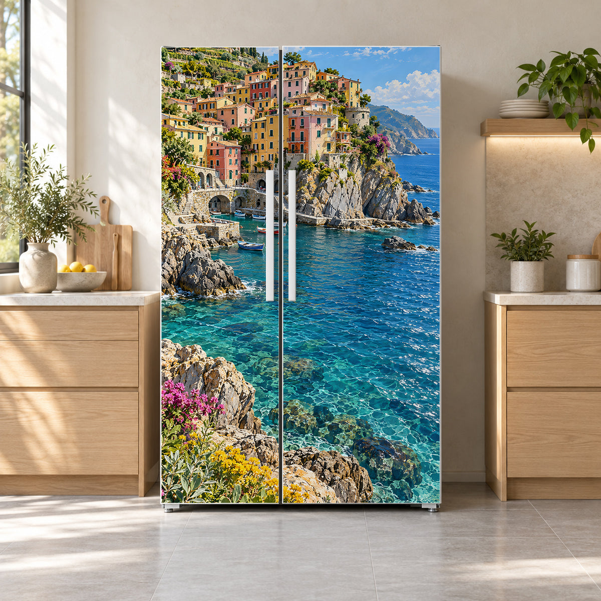 Cinque Terre Coast fridge wrap on a side-by-side refrigerator