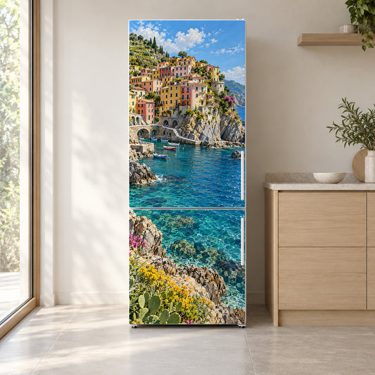 Cinque Terre Coast fridge wrap on a white refrigerator in a bright kitchen