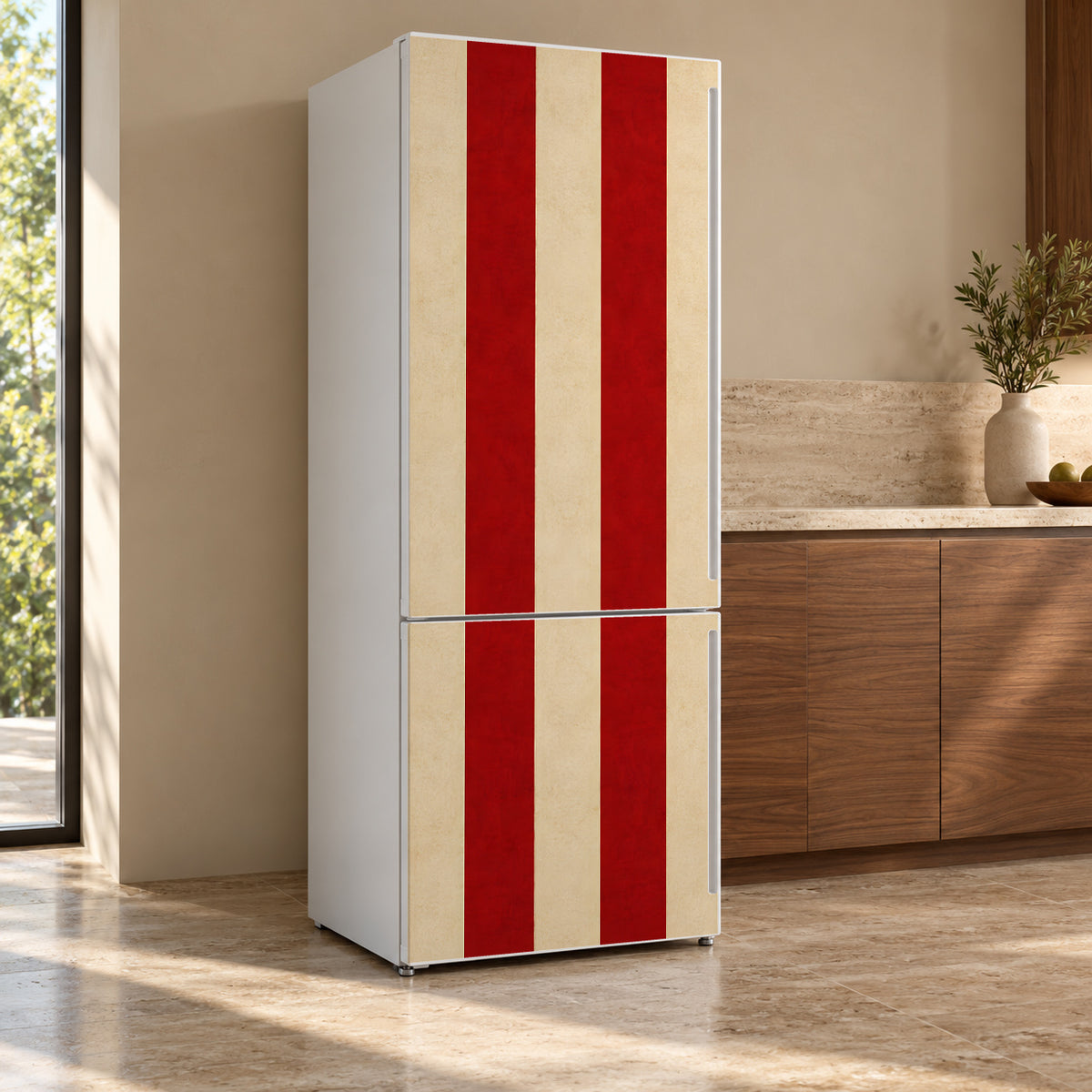 Circus Stripes fridge wrap, refrigerator shown at an angle