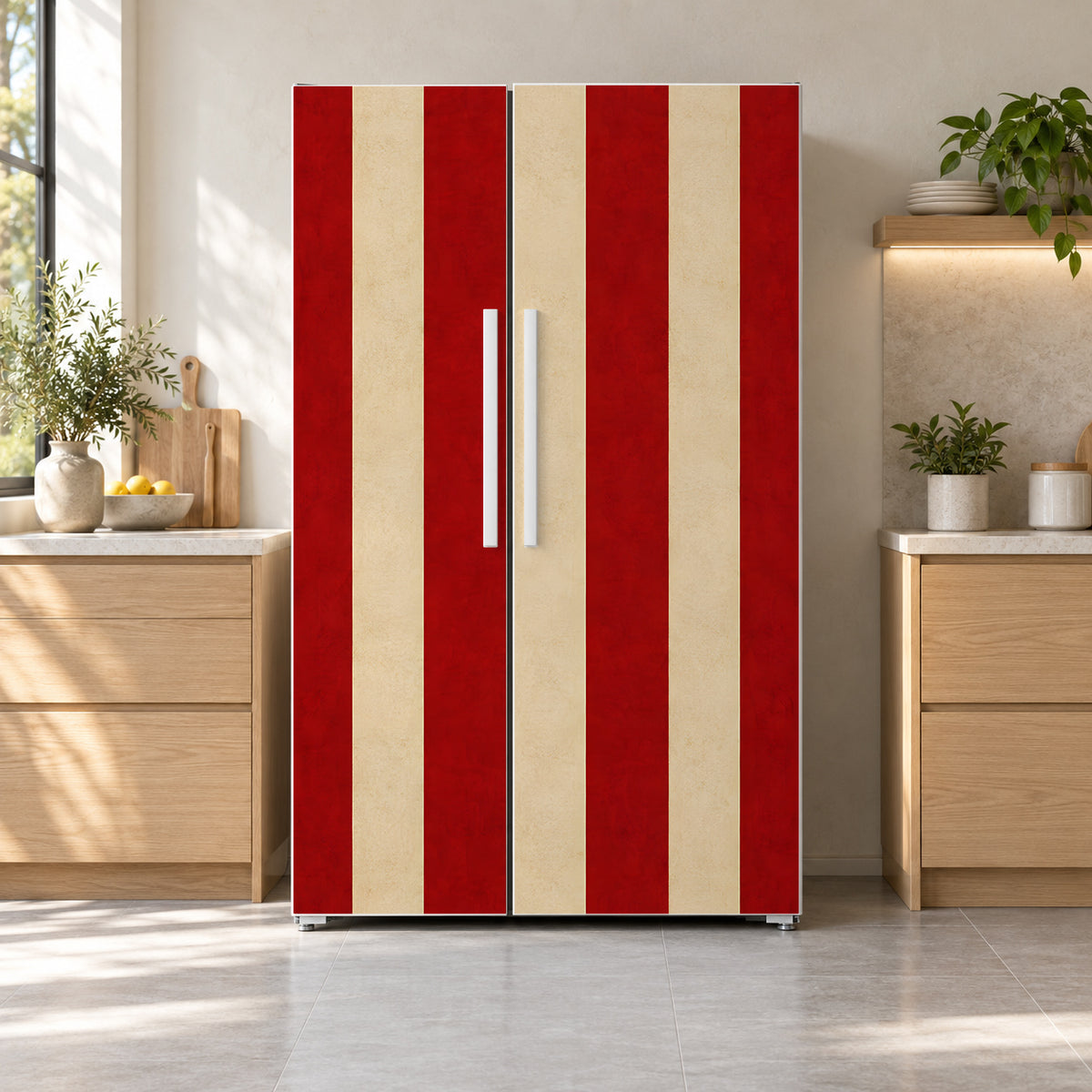 Circus Stripes fridge wrap on a side-by-side refrigerator