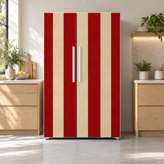Circus Stripes fridge wrap on a side-by-side refrigerator