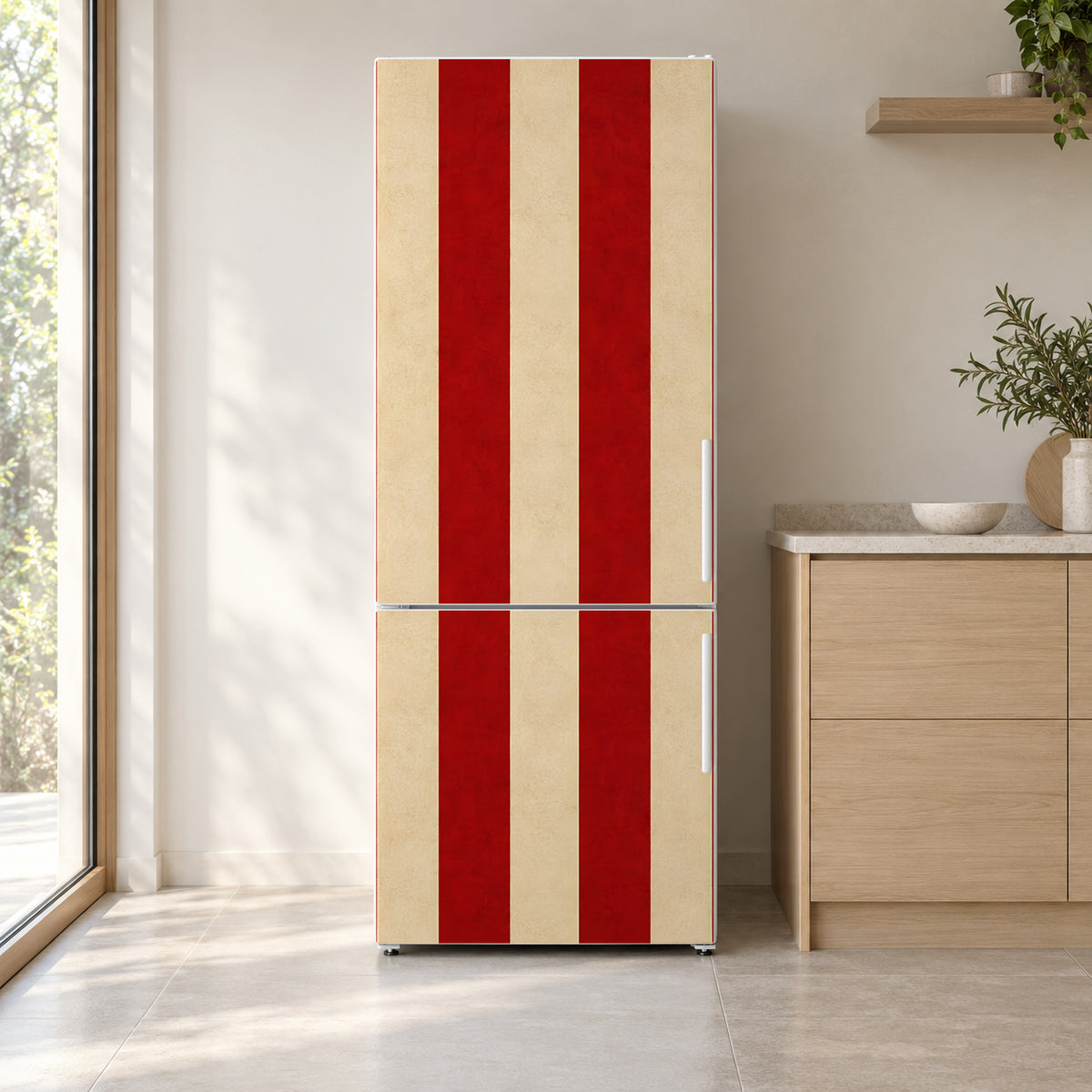 Circus Stripes fridge wrap on a white refrigerator in a bright kitchen