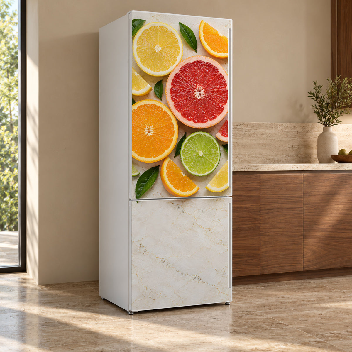 Citrus Slices fridge wrap, refrigerator shown at an angle