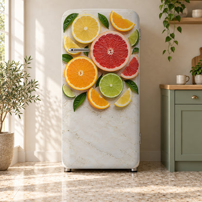 Citrus Slices fridge wrap on a retro refrigerator