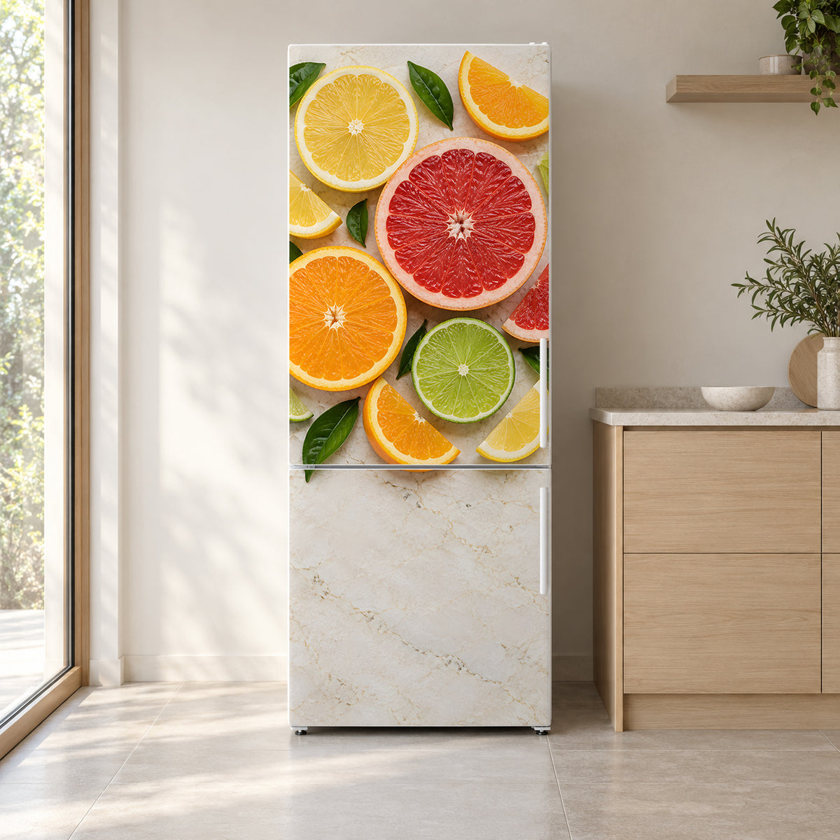 Citrus Slices fridge wrap on a white refrigerator in a bright kitchen