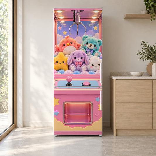 Claw Machine Arcade fridge wrap on a white refrigerator in a bright kitchen