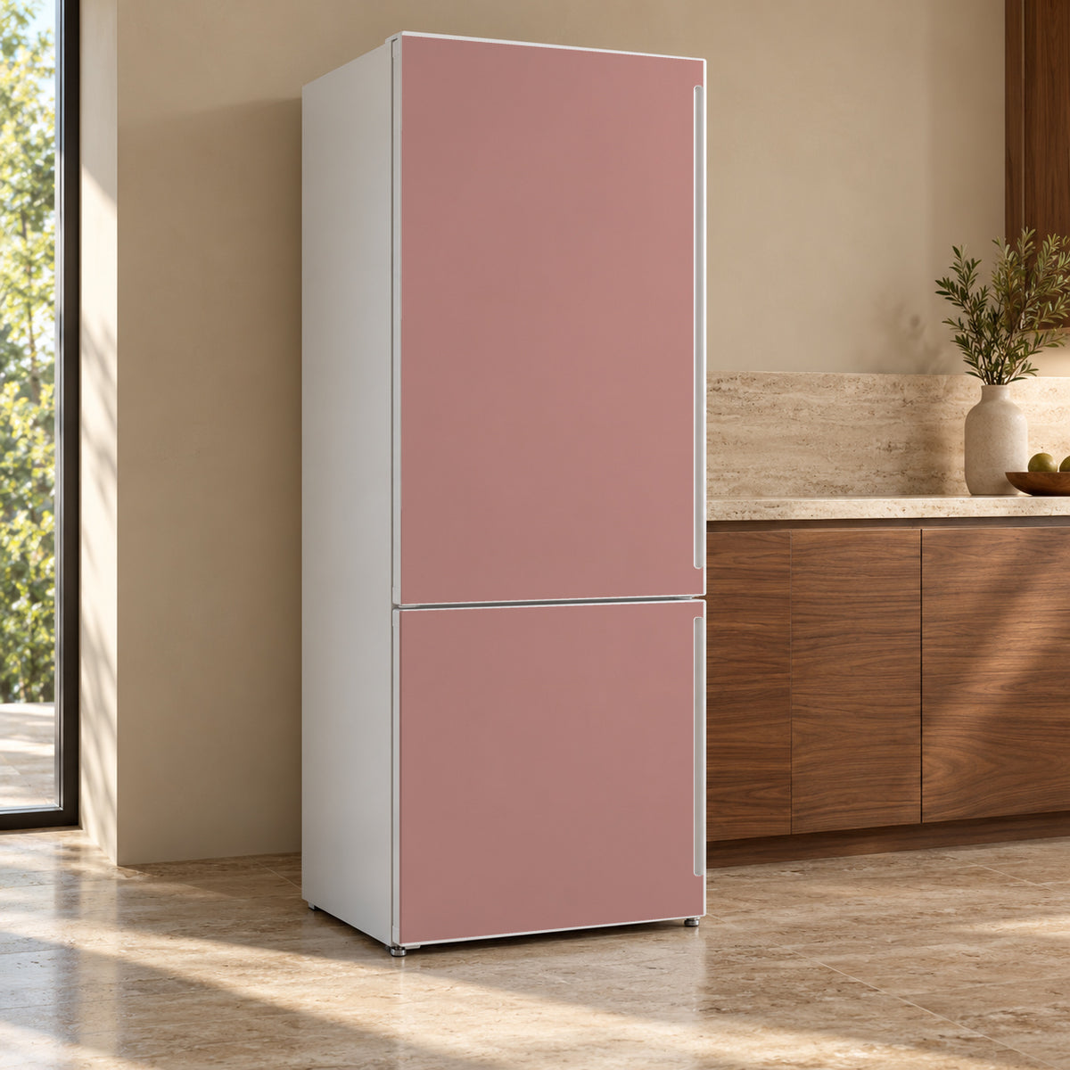 Clay Pink fridge wrap, refrigerator shown at an angle