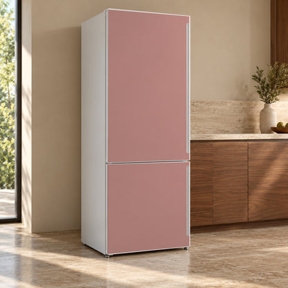 Clay Pink fridge wrap, refrigerator shown at an angle