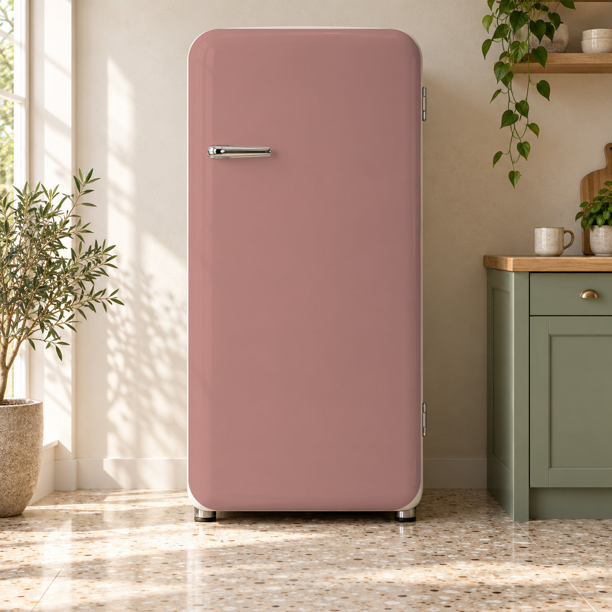 Clay Pink fridge wrap on a retro refrigerator