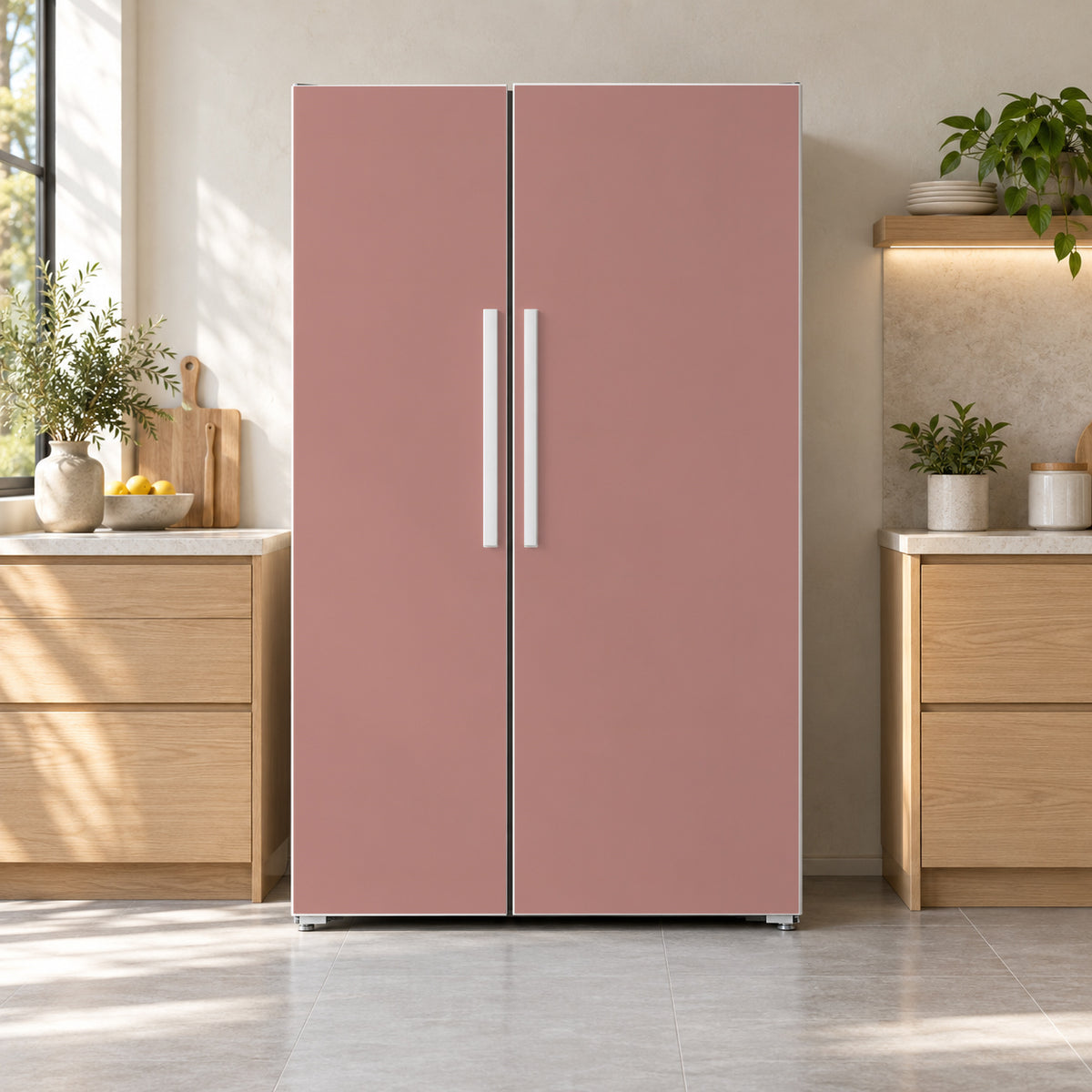 Clay Pink fridge wrap on a side-by-side refrigerator