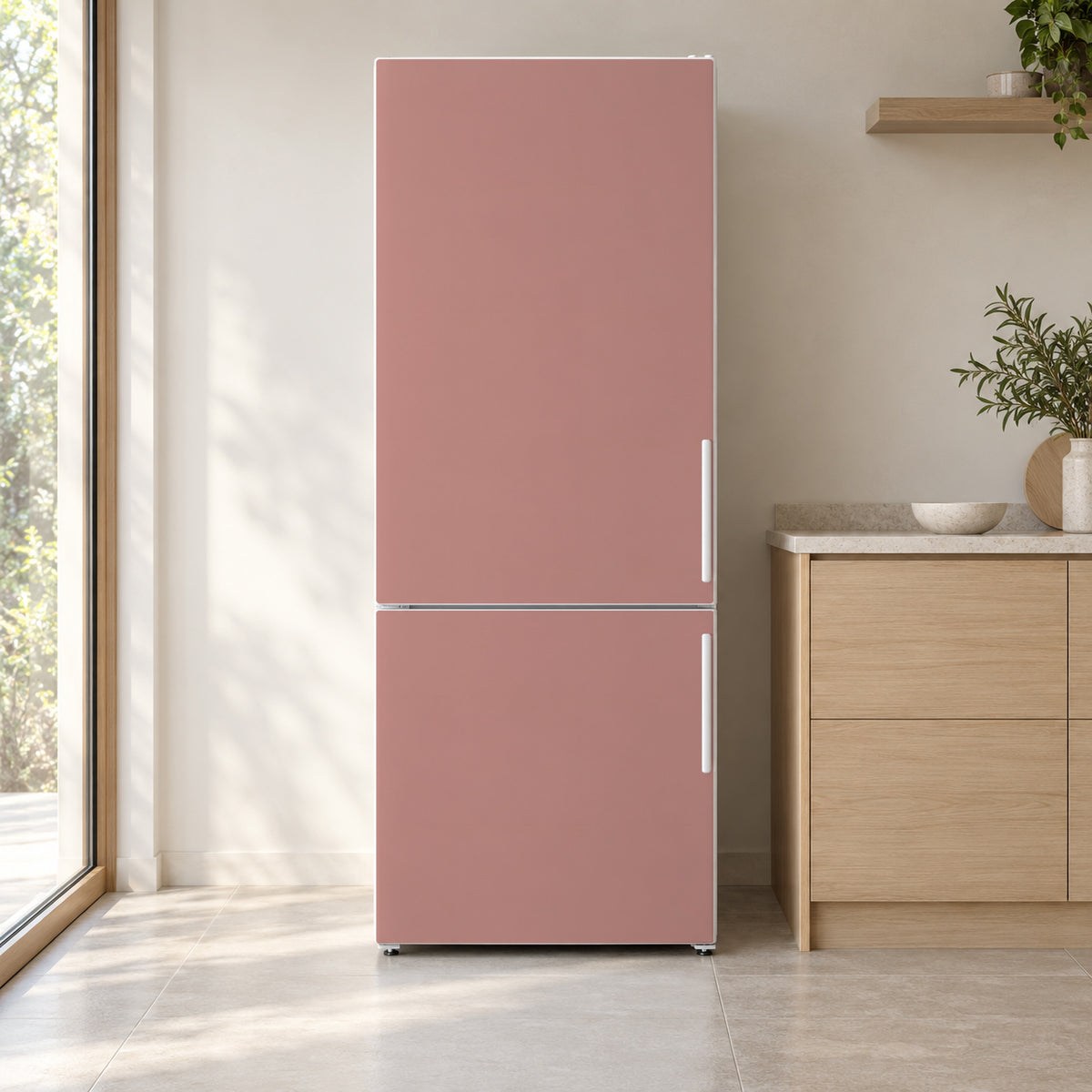 Clay Pink fridge wrap on a white refrigerator in a bright kitchen