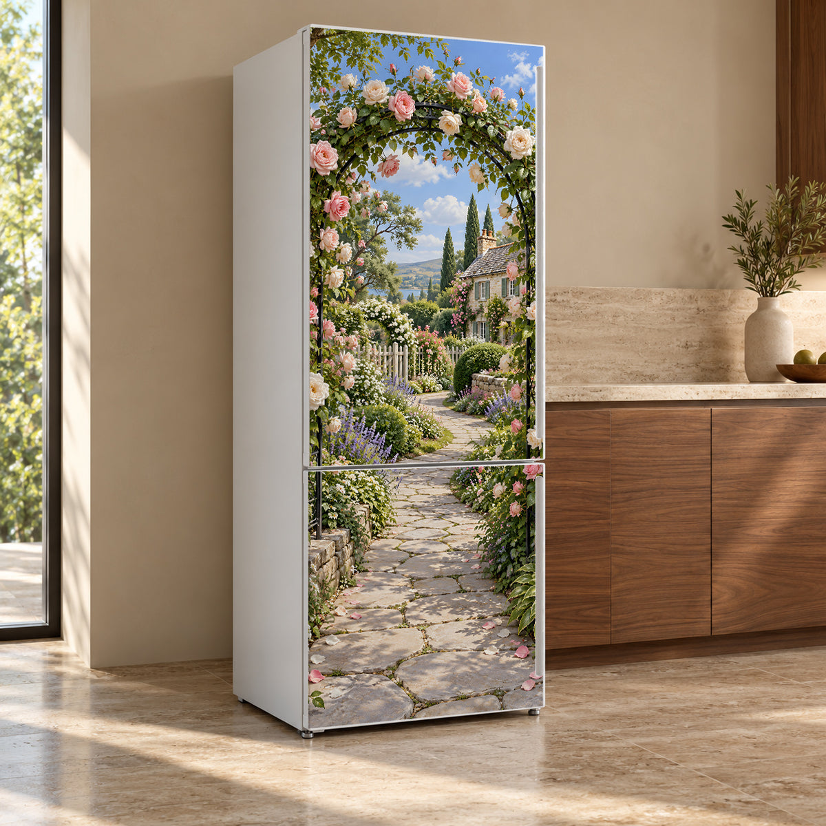 Climbing Roses Arch fridge wrap, refrigerator shown at an angle