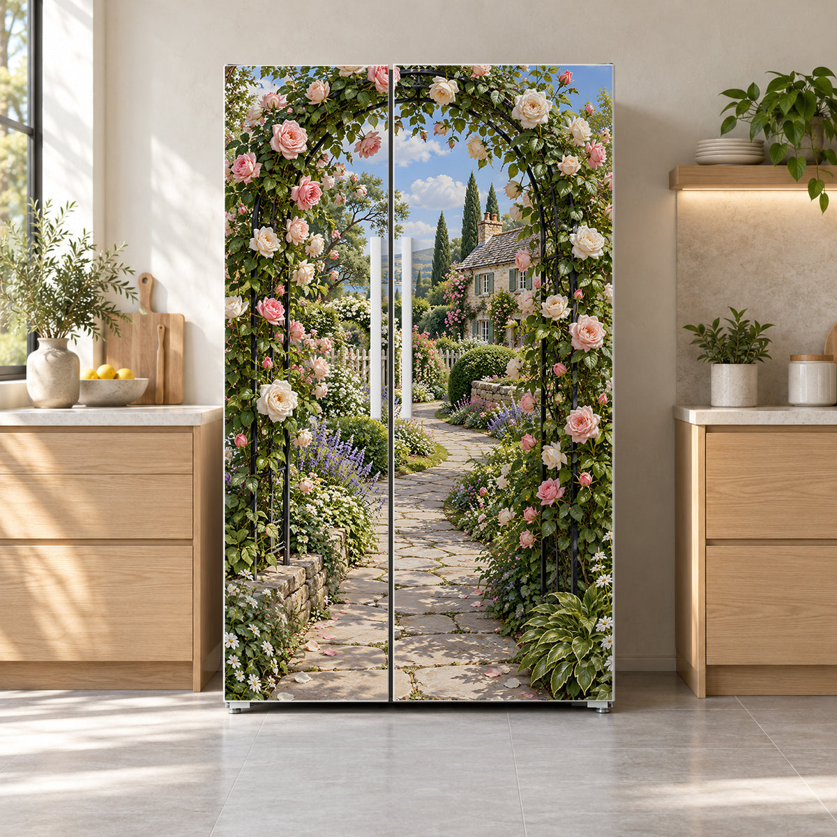 Climbing Roses Arch fridge wrap on a side-by-side refrigerator