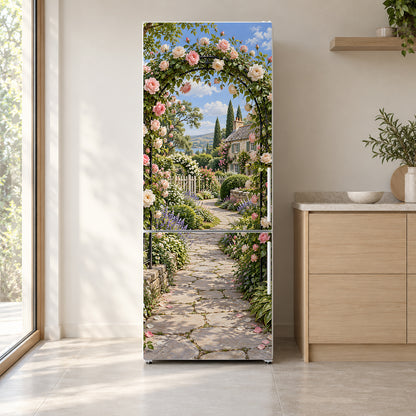 Climbing Roses Arch fridge wrap on a white refrigerator in a bright kitchen