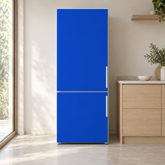 Cobalt Blue fridge wrap on a white refrigerator in a bright kitchen