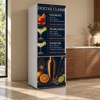 Cocktail Classics Chart fridge wrap, refrigerator shown at an angle