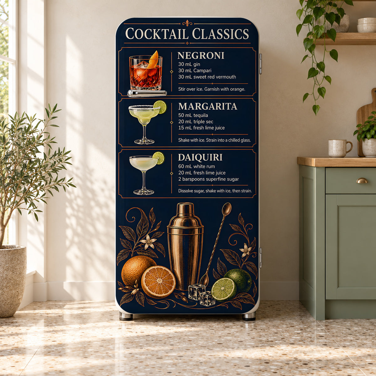Cocktail Classics Chart fridge wrap on a retro refrigerator
