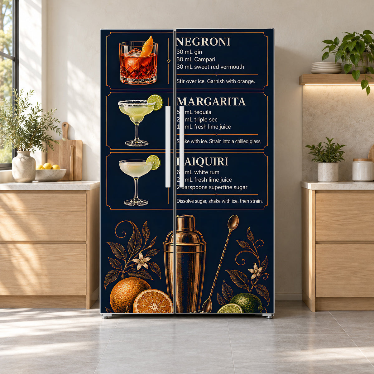 Cocktail Classics Chart fridge wrap on a side-by-side refrigerator