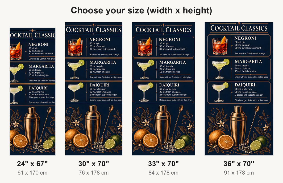 Cocktail Classics Chart fridge wrap available sizes 24, 30, 33 and 36 inch