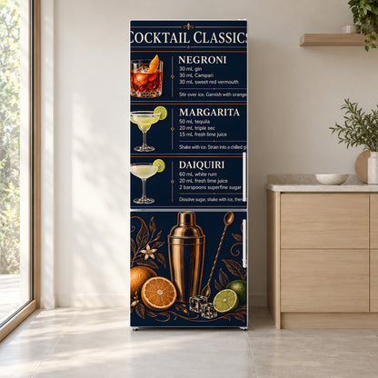 Cocktail Classics Chart fridge wrap on a white refrigerator in a bright kitchen