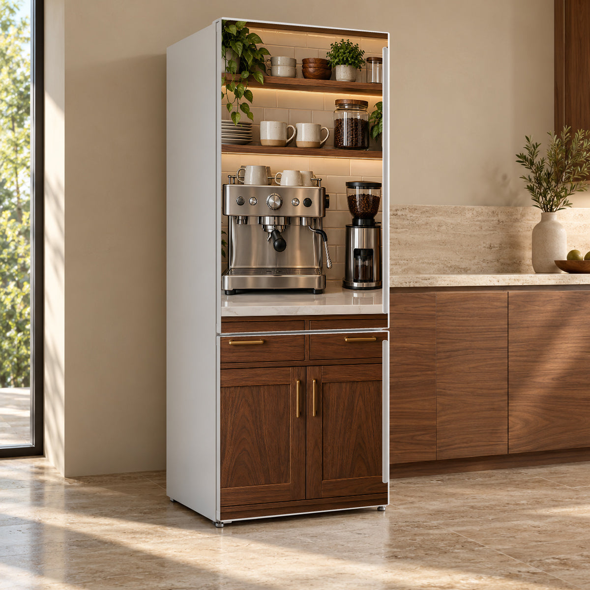 Coffee Bar Station fridge wrap, refrigerator shown at an angle