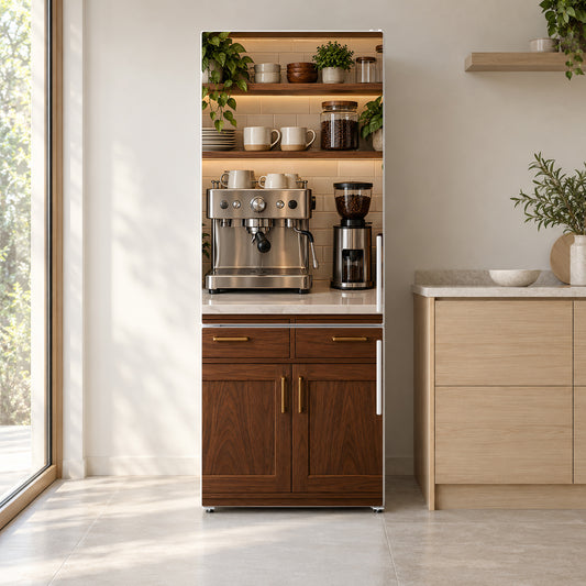 Coffee Bar Station fridge wrap on a white refrigerator in a bright kitchen