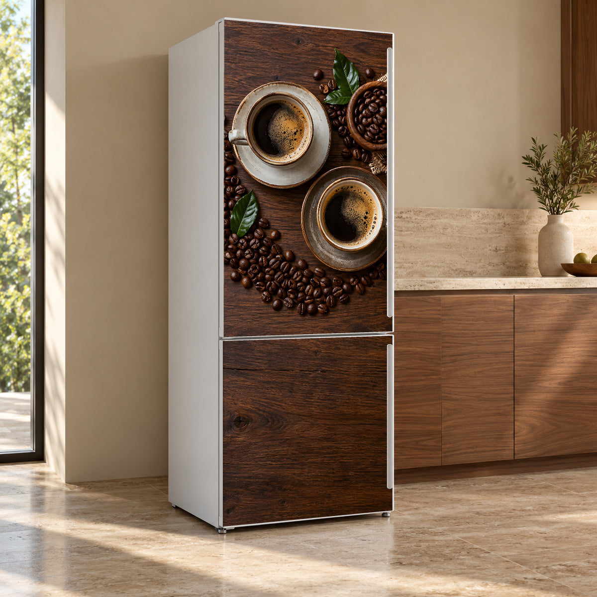 Coffee Beans & Cups fridge wrap, refrigerator shown at an angle