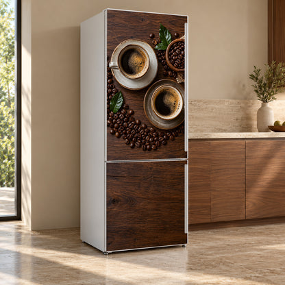 Coffee Beans & Cups fridge wrap, refrigerator shown at an angle