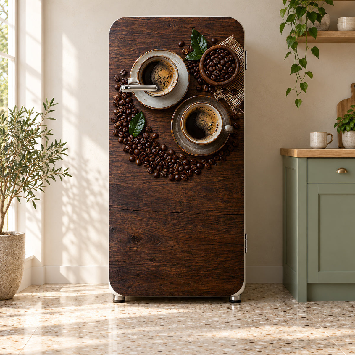 Coffee Beans & Cups fridge wrap on a retro refrigerator