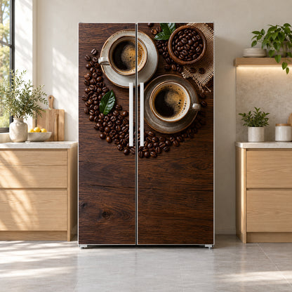 Coffee Beans & Cups fridge wrap on a side-by-side refrigerator