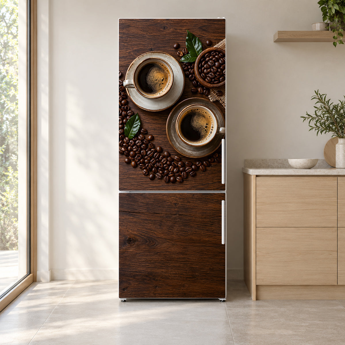 Coffee Beans & Cups fridge wrap on a white refrigerator in a bright kitchen