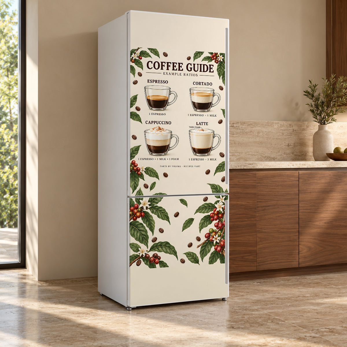 Coffee Drinks Guide fridge wrap, refrigerator shown at an angle