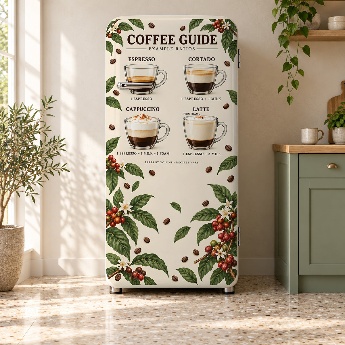 Coffee Drinks Guide fridge wrap on a retro refrigerator