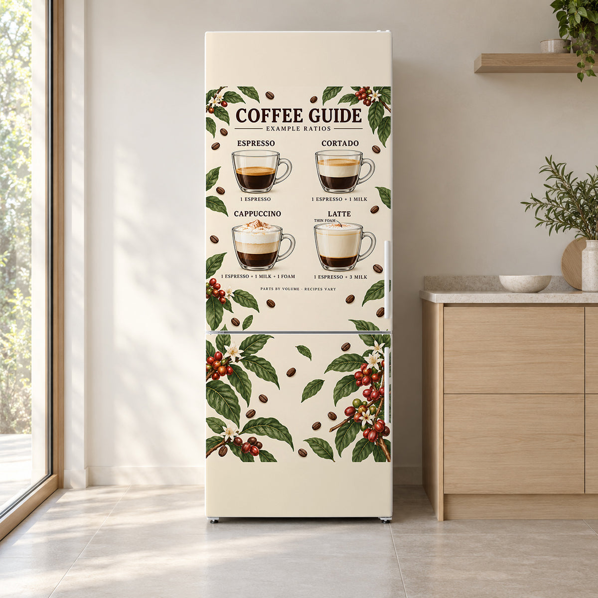 Coffee Drinks Guide fridge wrap on a white refrigerator in a bright kitchen