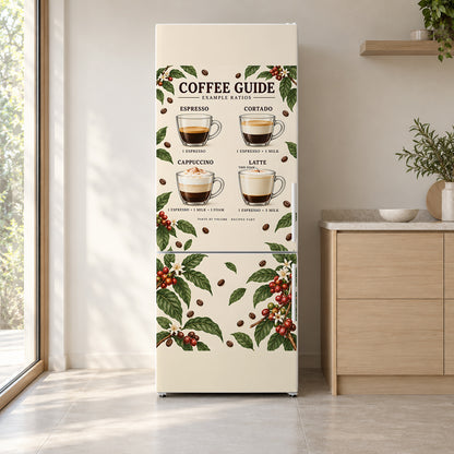 Coffee Drinks Guide fridge wrap on a white refrigerator in a bright kitchen